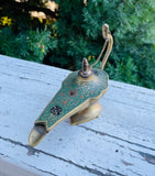 Vintage Brass Gold Tone Green Hand Painted Floral Genie Lamp Incense Burner