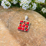 Sterling Silver 925 Red Coral Stone Abstract Geometric Modernist Pendant 4.3g