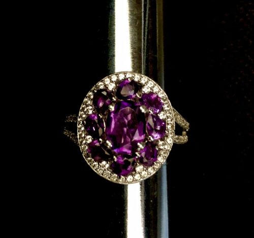 925 P☆M Hallmarked Genuine Amethyst Cocktail Ring Size 7 with CZ Accents