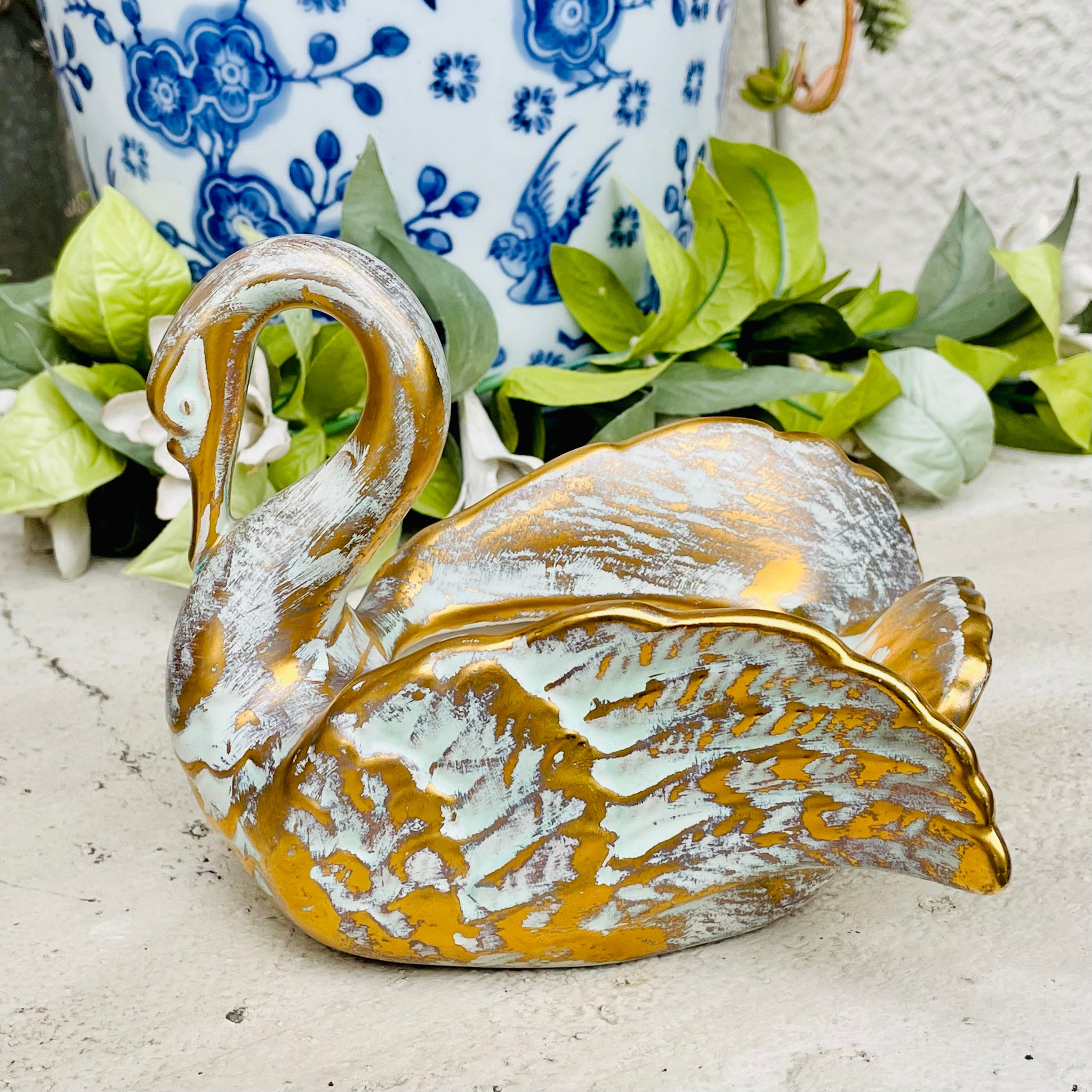 Vintage Blue & White Bird Planter