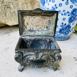 Antique Ornate Silver Tone Metal Footed Art Deco Jewelry KeepsakeTrinket Box