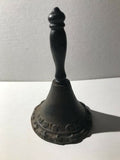 VINTAGE CAST IRON DINNER SUPPER BELL "SOUPS ON" BLACK EMBOSSED STARS 6"