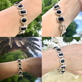 Sterling Silver 925 Black Onyx Stone Signed Thai Circle Rectangle Link Bracelet