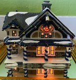 Christmas Village Stone & Brick Neighborhood Home Decorated w Tinsel and Lights