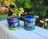 Antique Chinese Cloisonné Enamel Floral Cylindrical Trinket Box Ginger Jar Set