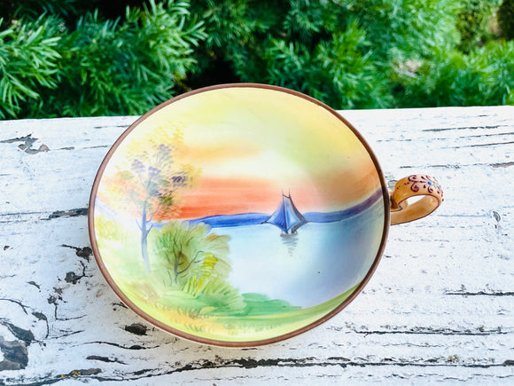 Vintage Hand Painted Art Seascape Nippon Austria Porcelain Dish Tray Handle Bowl