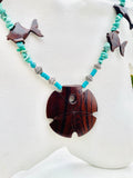Wood Fish Dolphin Sand Dollar Faux Turquoise Stone Beaded Silver ToneNecklace