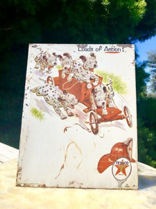 TEXACO FIRE CHIEF Dalmatian Dog Red Wagon “Loads Of Action” Metal Sign
