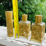 Ornate Vintage Gold Gilt Vanity Set of 3 Glass Perfume Bottles