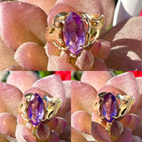 Solid 14K 585 Yellow Gold 60’s Marquise Cut Purple Amethyst Stone Ring 6.7g Sz7