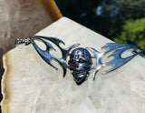 Designer War Eagle Signed Skull Silver Tone Stainless Steel Men’s Necklace