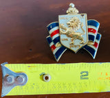 Vintage Gold Tone Red White Blue Dieu Et Mon Drqit Lion Ribbon Brooch Pin Badge