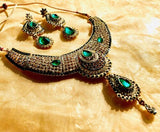 Beautiful Green + White Rhinestone Goldtone Necklace + Earrings Jewelry Set