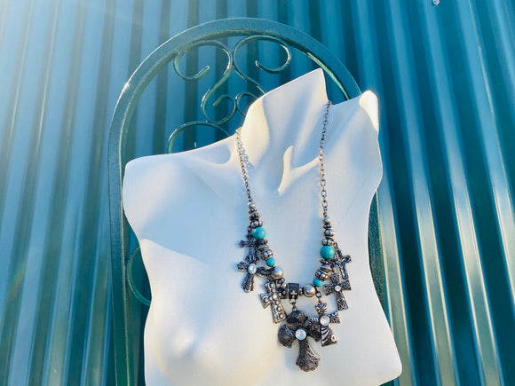 Rhinestone Faux Turquoise Stone Silver Tone Charm Bead Religious Cross Necklace
