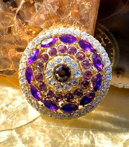 Vintage Signed Monet Purple + Pink Rhinestone Round Brooch Pin