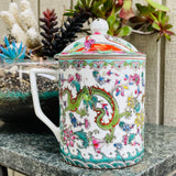 Signed Chinese Hand Painted Multi Color Dragon Floral Jar with Handle & Lid Rare