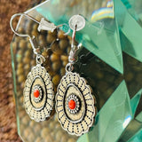 Silver Tone Mandala Red Stone Pierced Dangle Drop Hanging Fashion Earrings