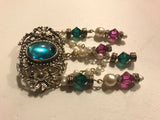 Vintage Artisan Handmade Multicolor Pink Green Beads Gold Tone Dangle Brooch Pin