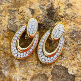 Vintage Gold Tone Rhinestone Dangle Drop Oval Hoop Clip on Statement Earrings