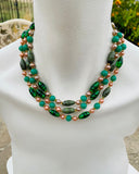 Artisan 3 Strand Green Art Glass Bead Faux Pearl Rose Gold Tone Fashion Necklace