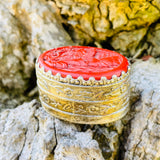 Vintage Ornate Japanese Red Carved Cinnabar Top Silver Tone Floral Trinket Box