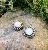 Vintage Round Moonstone 925 Sterling Silver Solar Sun Pierced Earrings 11.7g