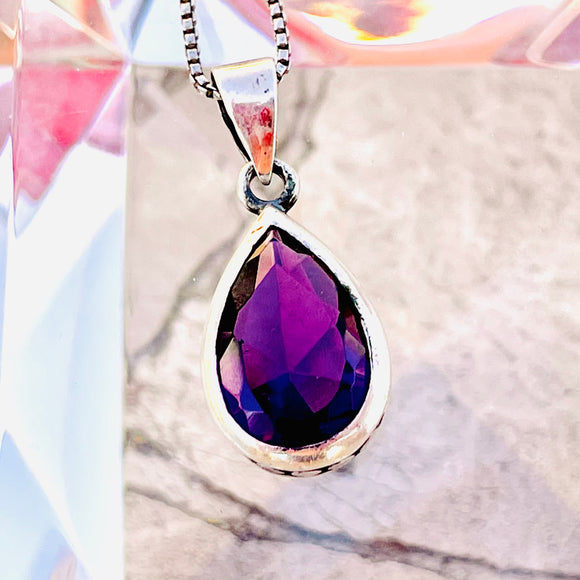 Sterling Silver 925 Amethyst Stone Tear Drop Pendant Box Chain Necklace 4.4g