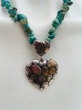 Unique Faux Turquoise Stone & Heavy Silver Tone Heart Pendant Fashion Necklace