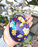 Vintage Brass Cloisonné Enamel Blue Multicolor Egg Shape Round Art Decor Vase