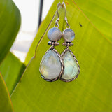 Sterling Silver 925 Moonstone Pear Shape Stone Hinge Dangle Earrings 9g