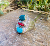Sterling Silver 925 Native American Turquoise Stone & Coral Ring 7.79g Size 8.5