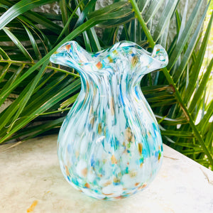 Murano Italy Vintage Blue Tone Multi Color Decorative Glass Art Ruffle Top Vase