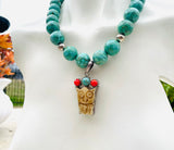 Sterling Silver Signed 925 Turquoise Coral Carved Owl Bead Pendant Necklace