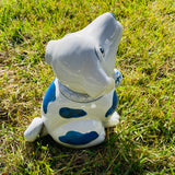 Vintage Large Blue & White Spotted Dog Animal Holding Toy Ceramic Art Figurine