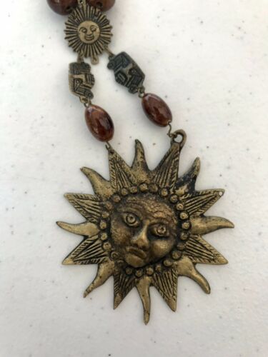 Vintage Gold Tone + Multi Color Beaded Sun Tribal Statement Necklace