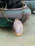 Antique Vintage Hallmarked MM 375 9k Gold Necklace + Floral Etched Oval Locket