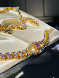 NOS Gold Tone Aurora Borealis Rhinestone Pierced Earrings Necklace Bracelet Set