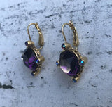 Purple Rhinestone + Accent Aurora Borealis Stone Gold Tone Pierced Earrings