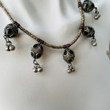 Vintage Silver Tone Beaded Bell Tribal Black & Red Bead Necklace