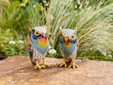 Vintage Gold Tone Rainbow Multi Color Cloisonne Enamel Owl Pair Owls Set of 2