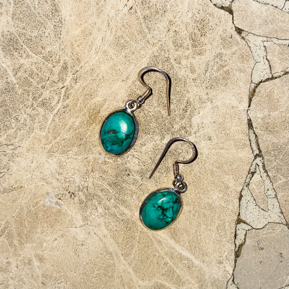 Vintage Sterling Silver 925 Turquoise Gem Stone Oval Dangle Drop Earrings 3.7g