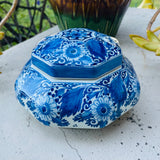 Antique Signed C.V 1298 Delft Holland Blue White Floral Bowl Box Container w Lid