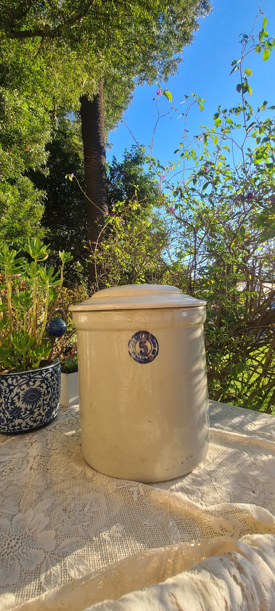 Antique 5 Gallon Ceramic Crock Pot Blue & White Complete With 56
