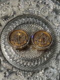 Christian Dior Vintage Diamonte Insignia Logo Germany Gold Tone Clip On Earrings