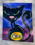 Original Artist Signed Snarling Hungry Black Cat Fish Bone Purple Tone Painting