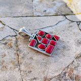 Sterling Silver 925 Red Coral Stone Abstract Geometric Modernist Pendant 4.3g