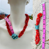 Red Dyed Coral Turquoise Tone Stone Beaded Necklace & Bracelet Fashion Jewelry Set