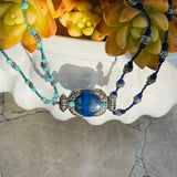 Vintage Sterling Silver 925 Butterfly Lapis Lazuli Stone Pendant Beaded Necklace