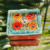Vintage Carved Micro Stone Floral Mosaic Brass Colorful Trinket Box Silver Tone