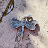 Vintage Sterling Silver 925 Abalone Dragonfly Gemstone Pendant Charm 3.5